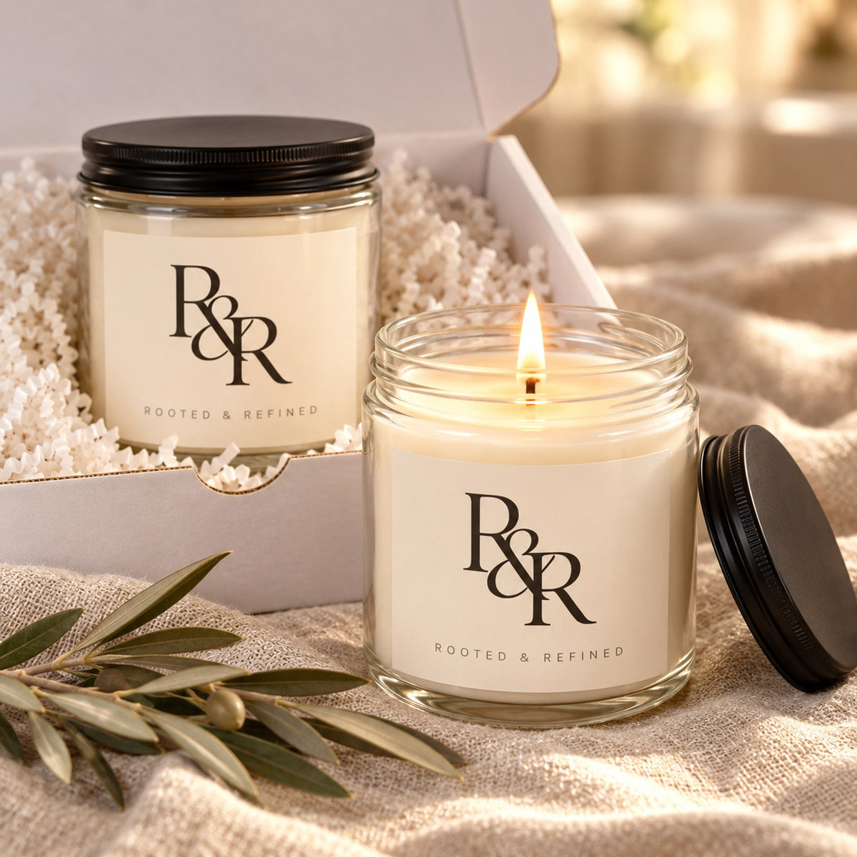 R&R Monogram 2-Piece Candle Gift Set, close-up of the two lit candle jars with black lids in the open gift box