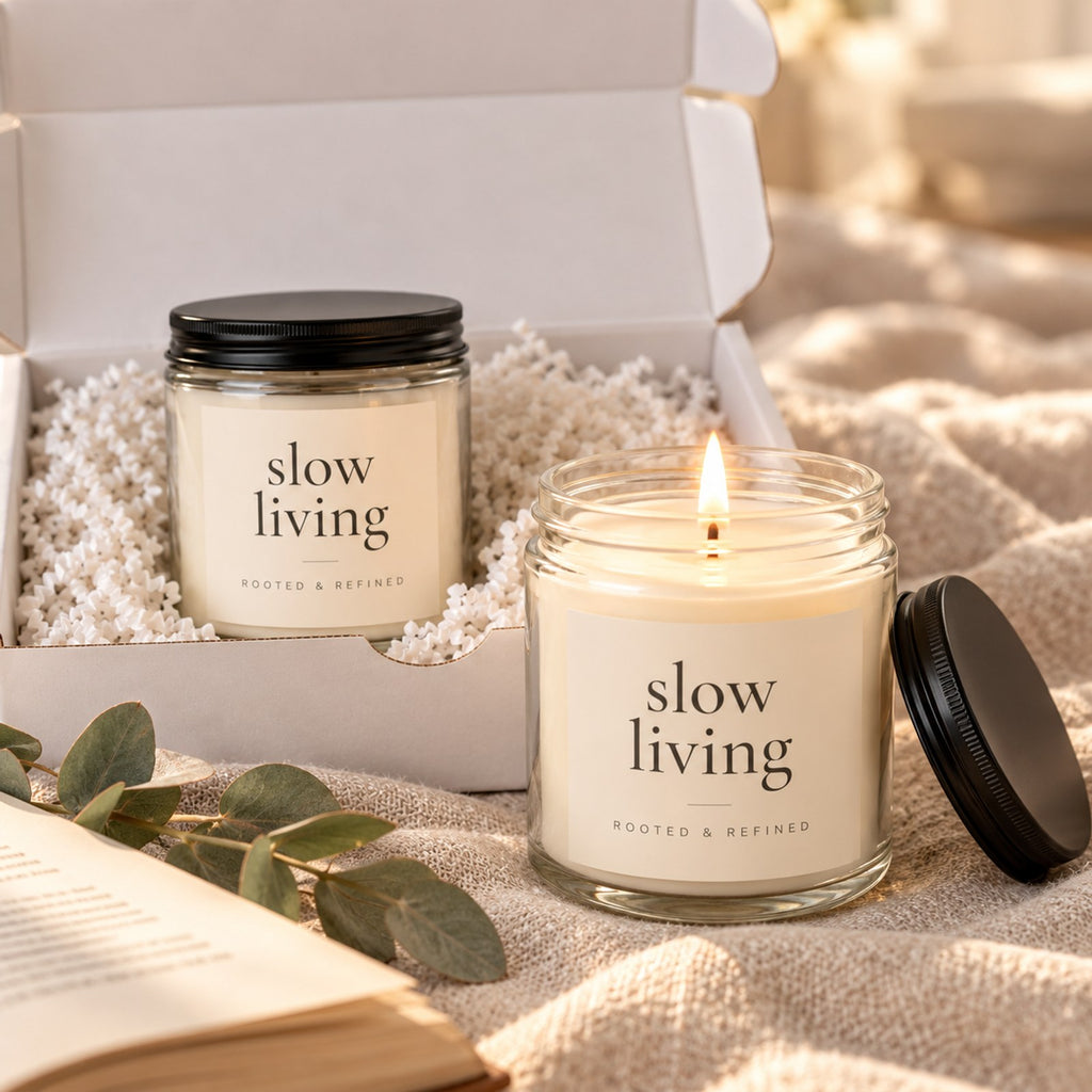 Slow Living 2-Piece Candle Gift Set, close-up of the two lit candle jars with black lids in the open gift box