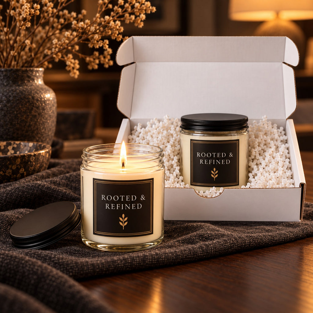 Rooted & Refined Atelier Black Label 2-Piece Candle Gift Set, close-up of the two lit candle jars with black lids in the open gift box