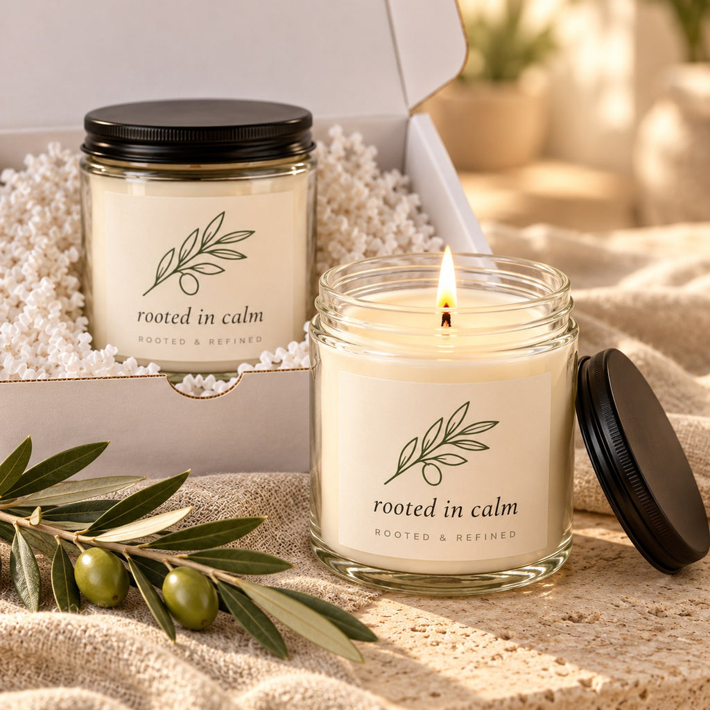 Rooted in Calm 2-Piece Candle Gift Set, close-up of the two lit candle jars with black lids in the open gift box