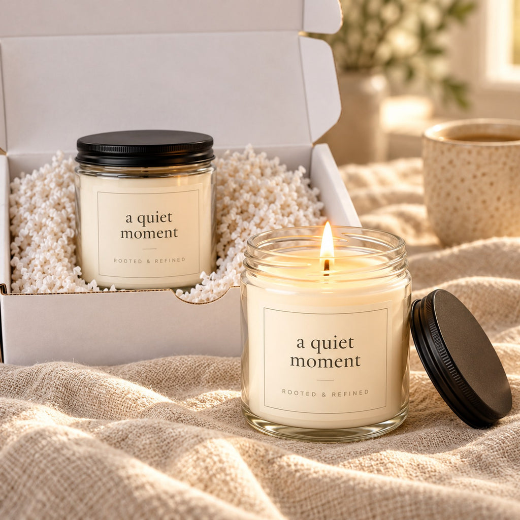 A Quiet Moment 2-Piece Candle Gift Set, close-up of the two lit candle jars with black lids in the open gift box