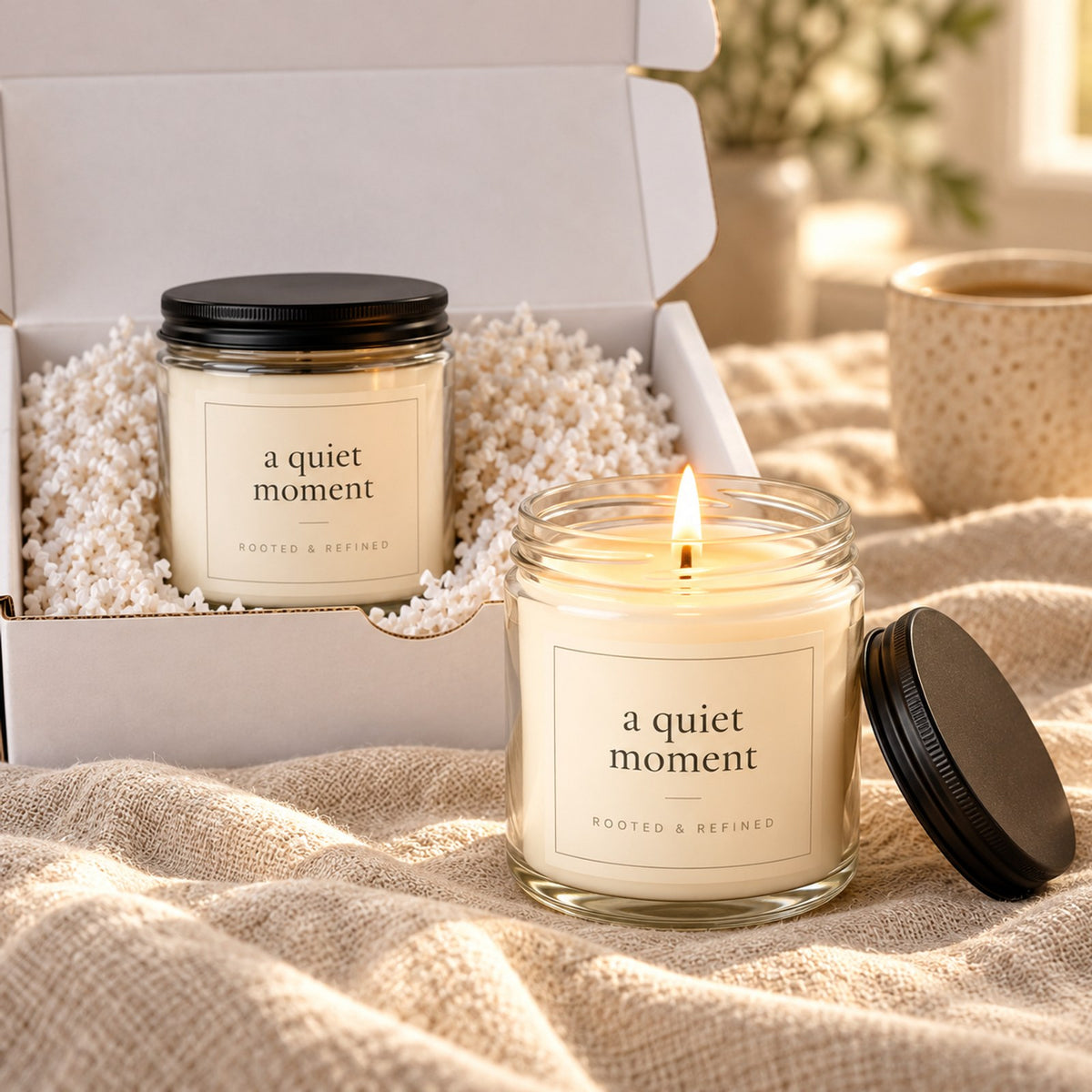 A Quiet Moment 2-Piece Candle Gift Set, close-up of the two lit candle jars with black lids in the open gift box