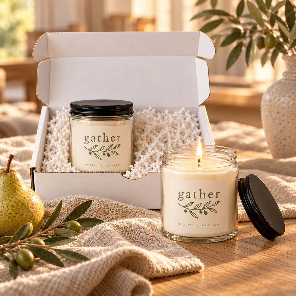 Gather 2-Piece Candle Gift Set, close-up of the two lit candle jars with black lids in the open gift box