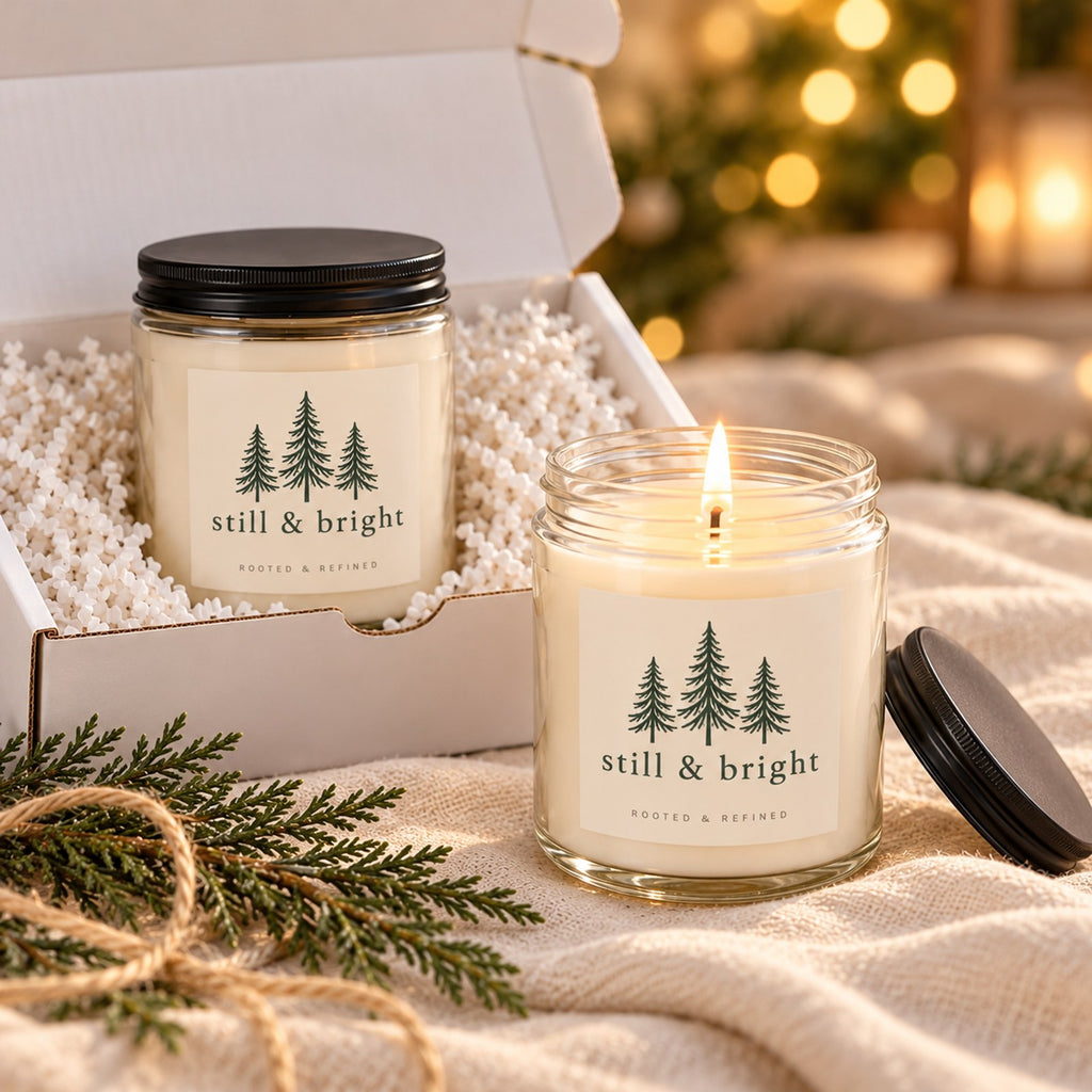 Still & Bright 2-Piece Candle Gift Set, close-up of the two lit candle jars with black lids in the open gift box