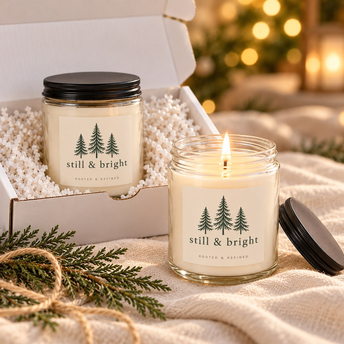 Still & Bright 2-Piece Candle Gift Set, close-up of the two lit candle jars with black lids in the open gift box