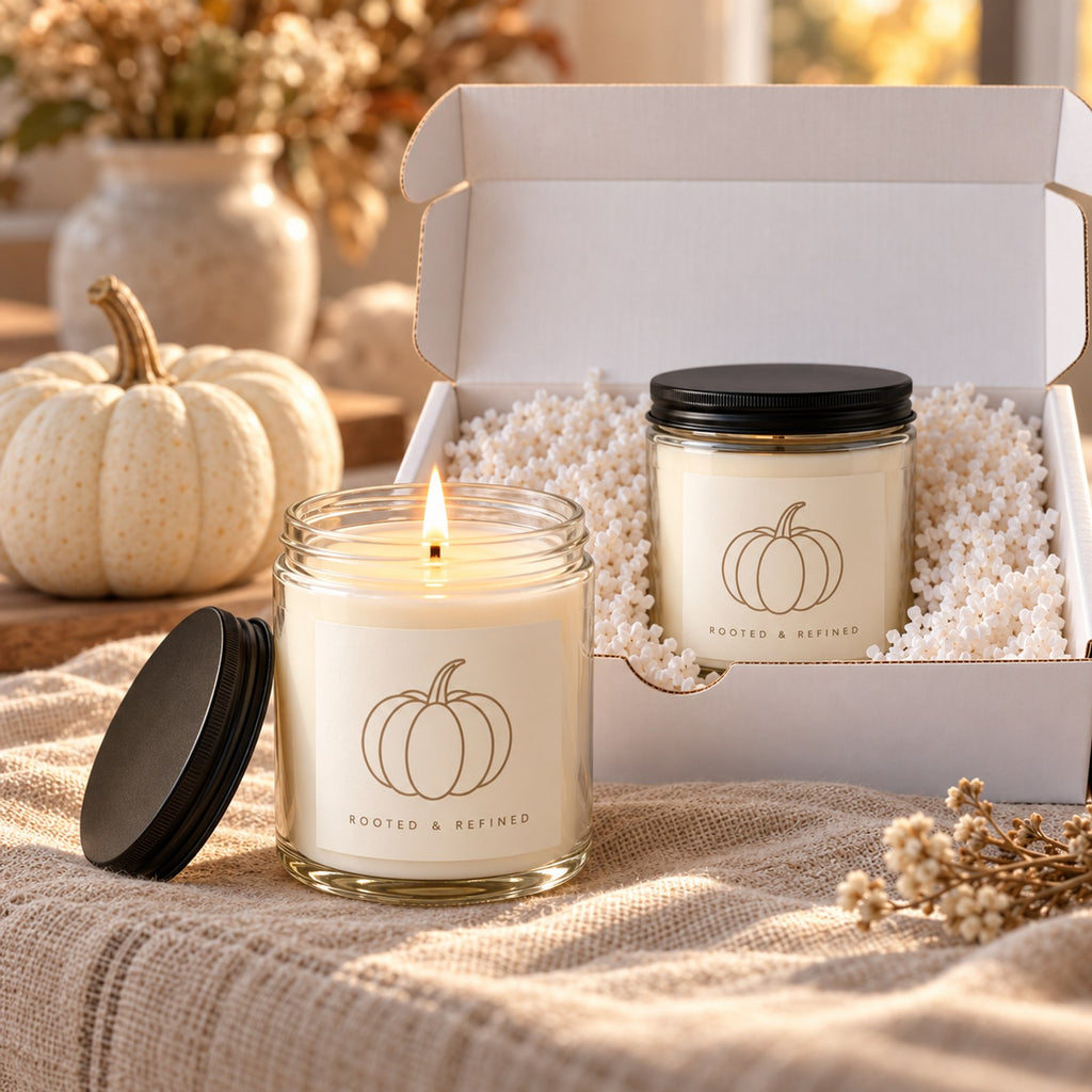 Pumpkin 2-Piece Candle Gift Set, close-up of the two lit candle jars with black lids in the open gift box