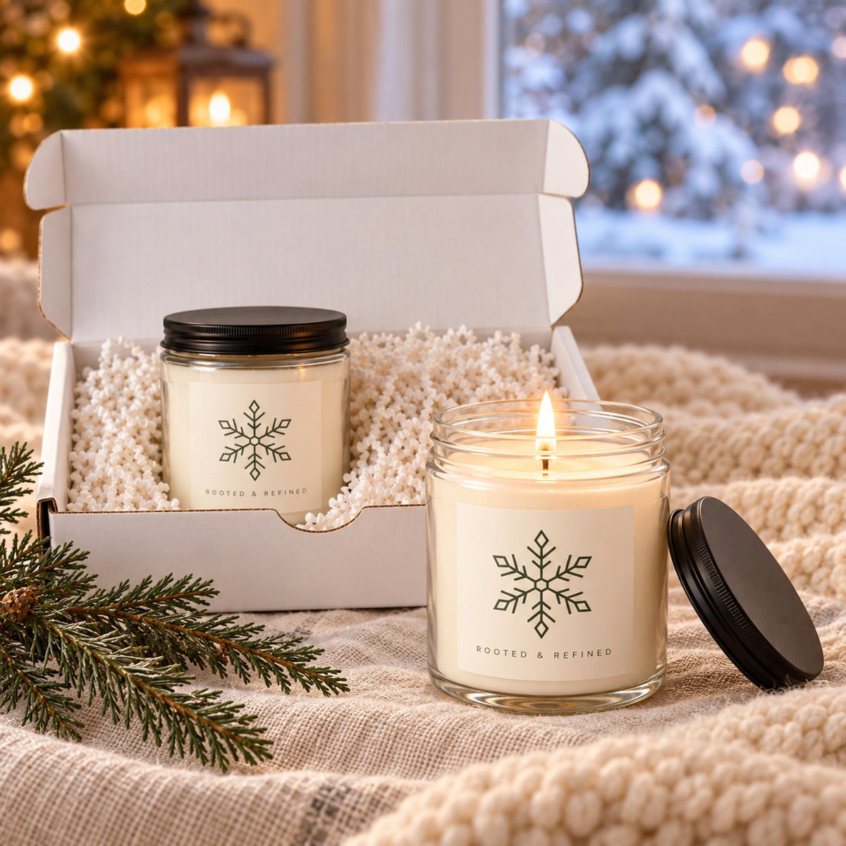 Snowflake 2-Piece Candle Gift Set, close-up of the two lit candle jars with black lids in the open gift box