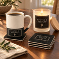 Atelier Label coffee lover gift set: engraved speckled mug, matching black label coasters and a lit black label candle