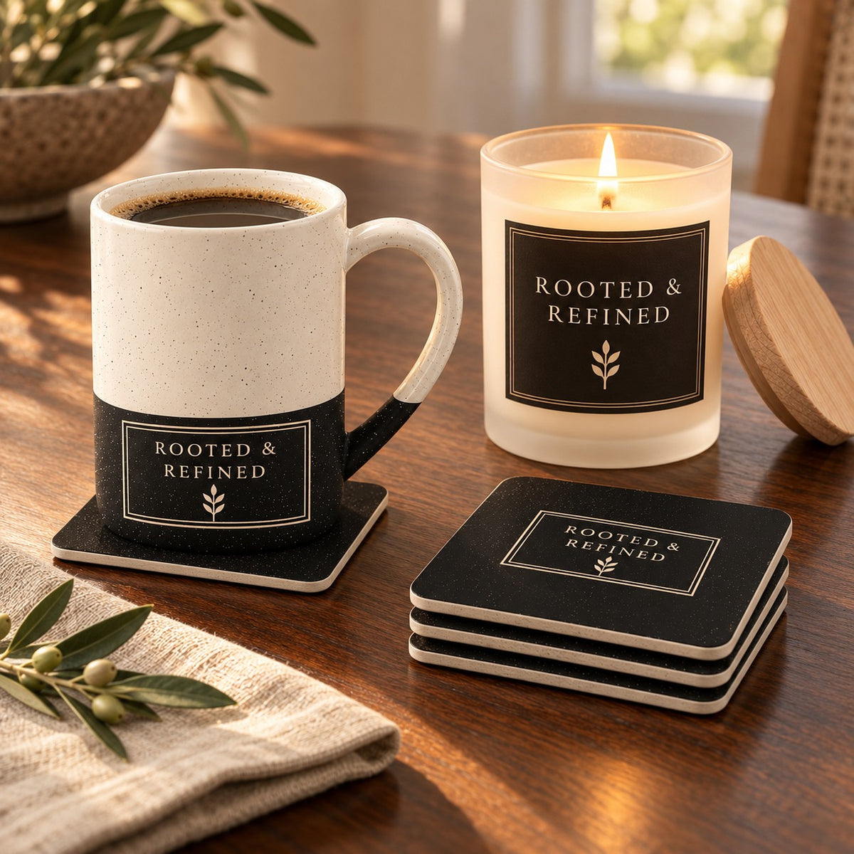 Atelier Label coffee lover gift set: engraved speckled mug, matching black label coasters and a lit black label candle