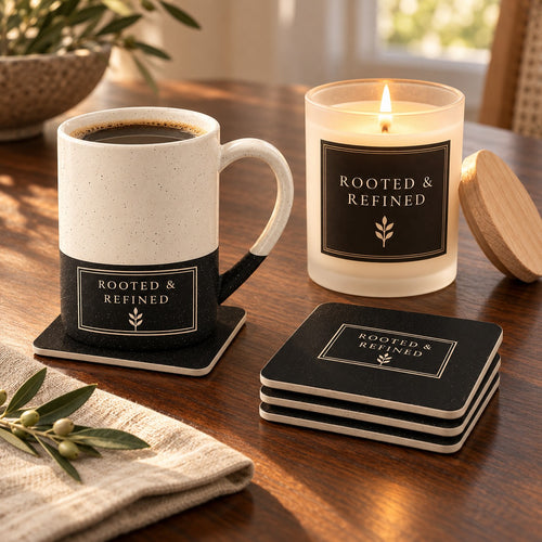 Atelier Label coffee lover gift set: engraved speckled mug, matching black label coasters and a lit black label candle