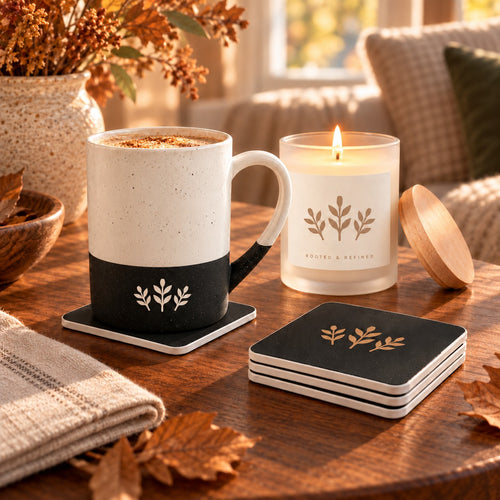 Autumn Sprig coffee lover gift set: engraved speckled mug, matching coasters and a lit frosted candle with fall leaves