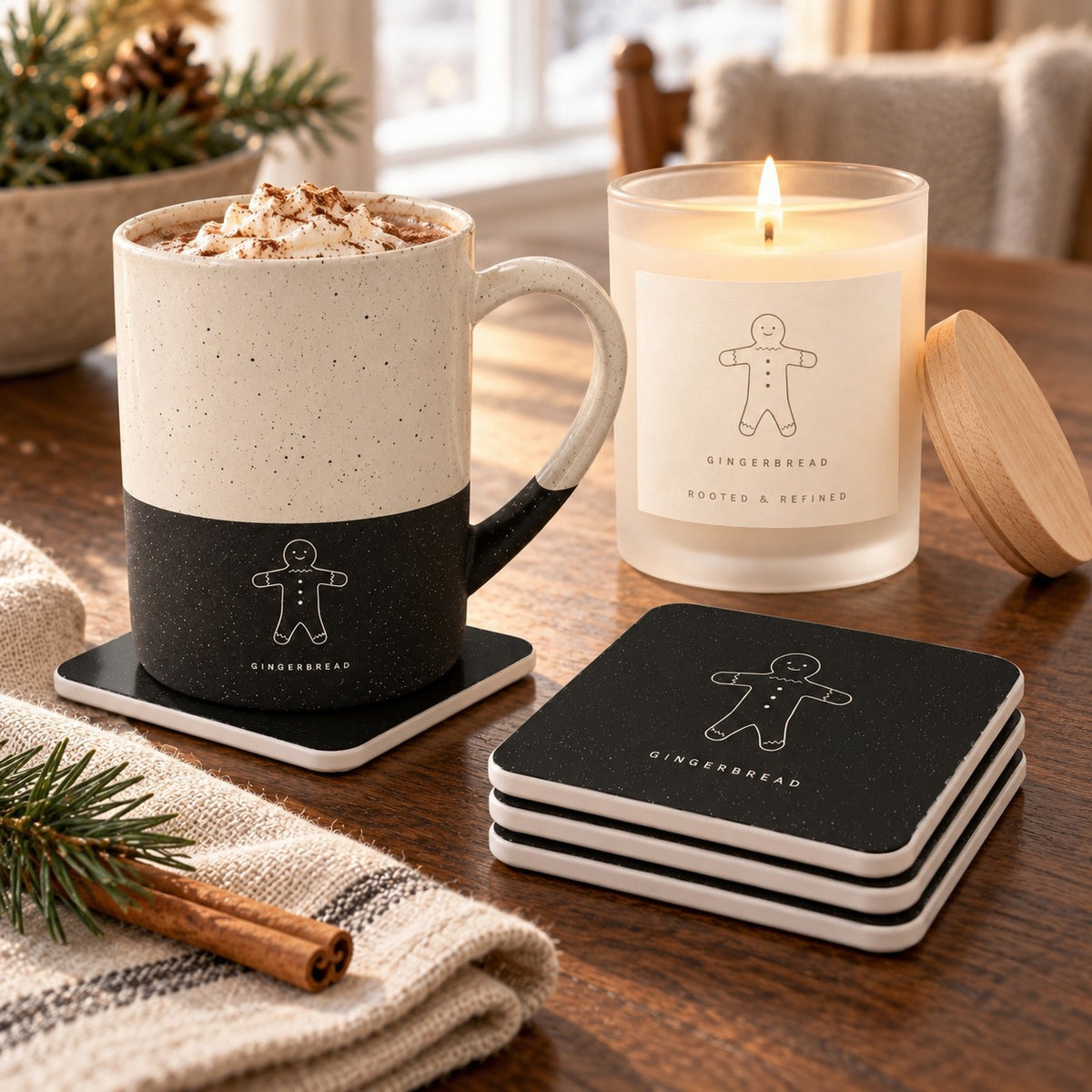 Gingerbread coffee lover gift set: engraved speckled mug with whipped cocoa, matching coasters and a lit frosted glass candle