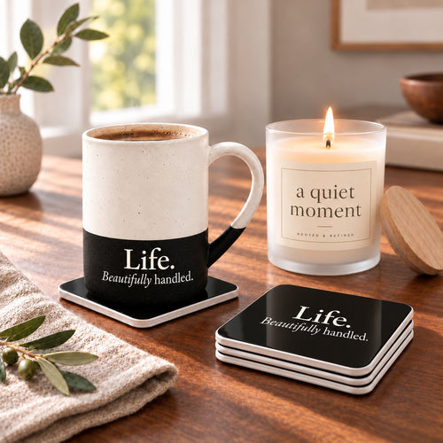 Life. Beautifully Handled. Coffee Lover Gift Set: speckled mug, square coasters and A Quiet Moment candle