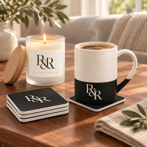 R&R Monogram coffee lover gift set: engraved speckled mug with black band, matching square coasters and a lit frosted glass candle