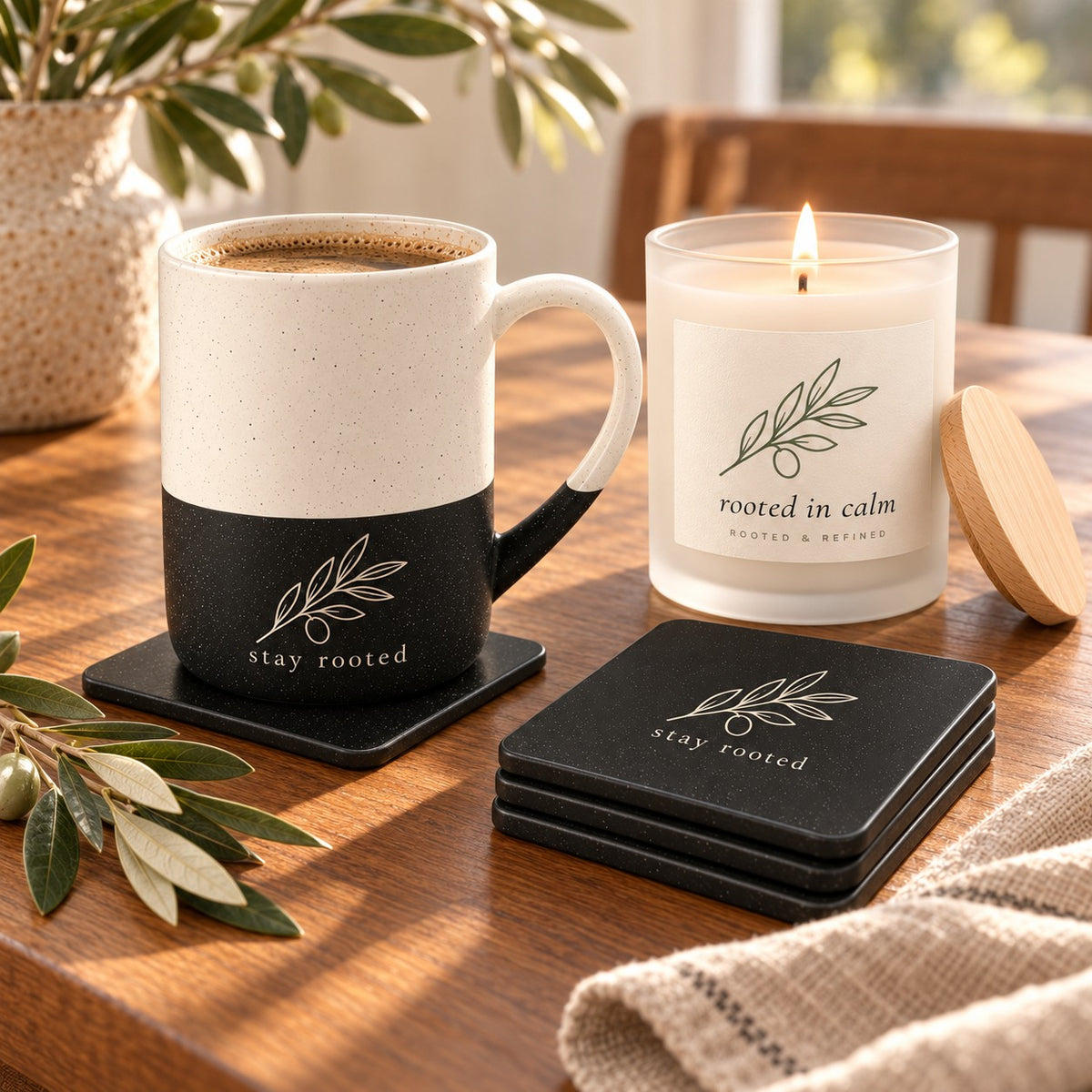 Stay Rooted coffee lover gift set: olive branch engraved speckled mug, matching coasters and a lit rooted in calm candle