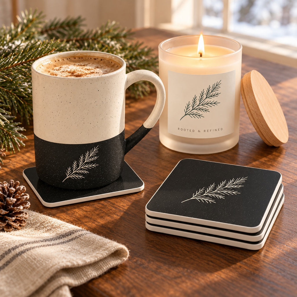 Evergreen Pine coffee lover gift set: pine bough engraved mug, matching coasters and a lit frosted glass candle