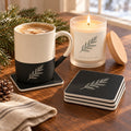 Evergreen Pine coffee lover gift set: pine bough engraved mug, matching coasters and a lit frosted glass candle