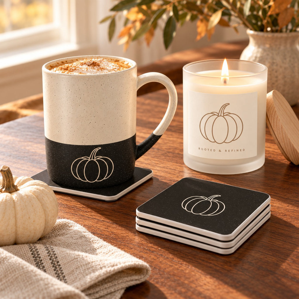 Pumpkin coffee lover gift set: line-drawn pumpkin engraved mug, matching coasters and a lit frosted glass candle
