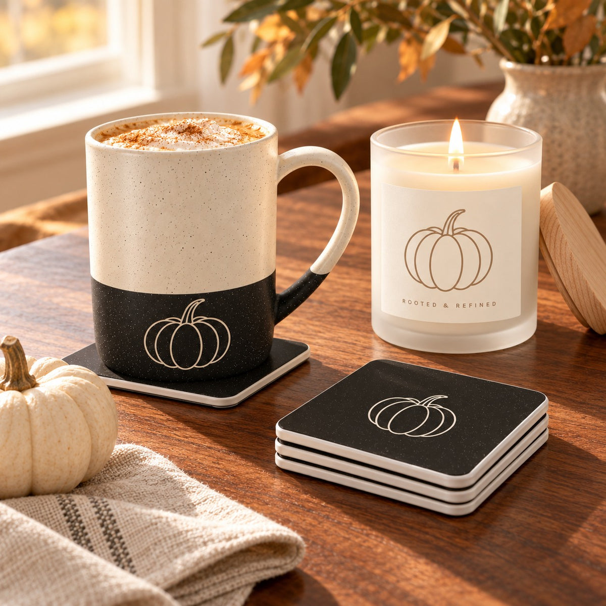 Pumpkin coffee lover gift set: line-drawn pumpkin engraved mug, matching coasters and a lit frosted glass candle