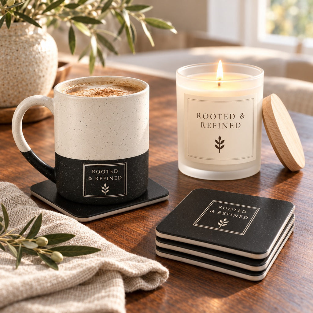 Signature Label coffee lover gift set: engraved speckled mug, matching coasters and a lit Rooted & Refined label candle