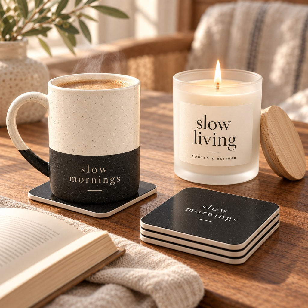 Slow Mornings coffee lover gift set: engraved speckled mug, matching coasters and a lit slow living candle beside a book