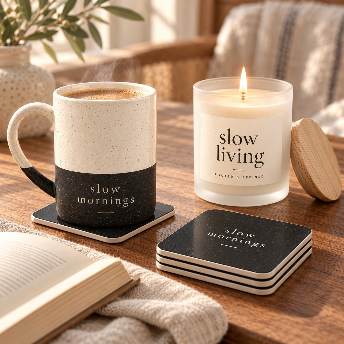 Slow Mornings coffee lover gift set: engraved speckled mug, matching coasters and a lit slow living candle beside a book