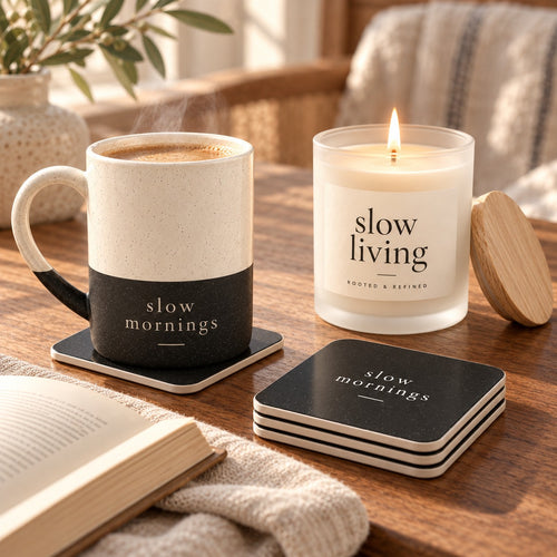 Slow Mornings coffee lover gift set: engraved speckled mug, matching coasters and a lit slow living candle beside a book