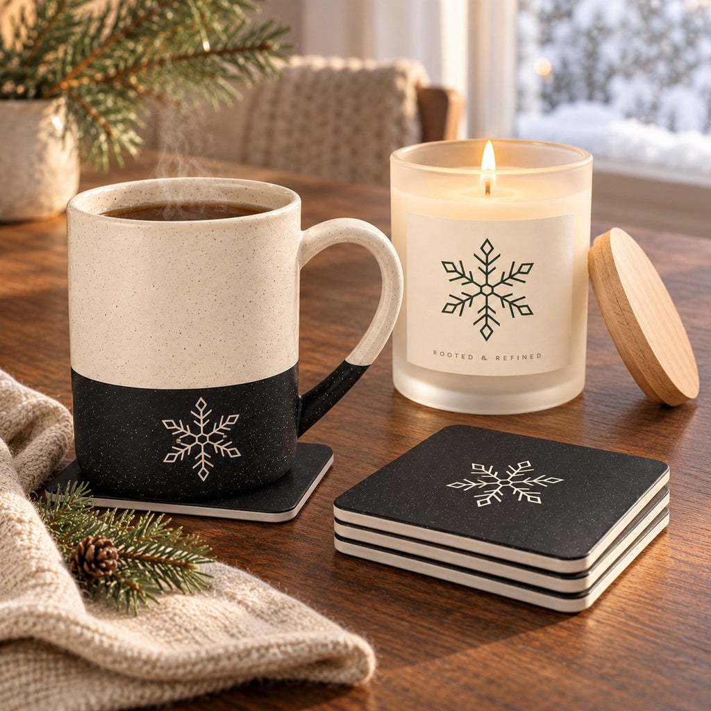 Snowflake coffee lover gift set: engraved speckled mug, matching snowflake coasters and a lit frosted glass candle by a snowy window