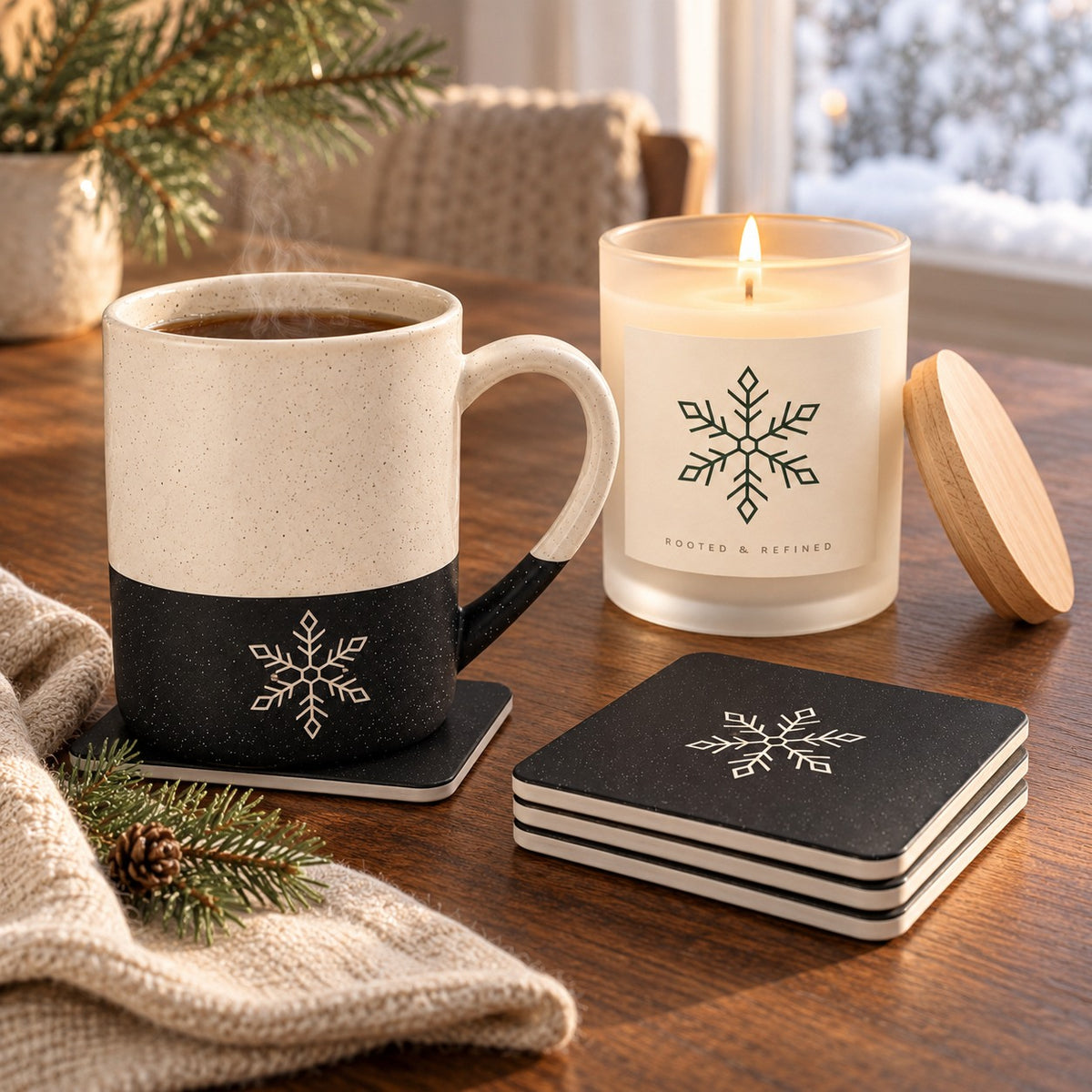 Snowflake coffee lover gift set: engraved speckled mug, matching snowflake coasters and a lit frosted glass candle by a snowy window