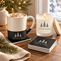 Still & Bright coffee lover gift set: evergreen engraved speckled mug with cocoa, matching coasters and a lit frosted candle