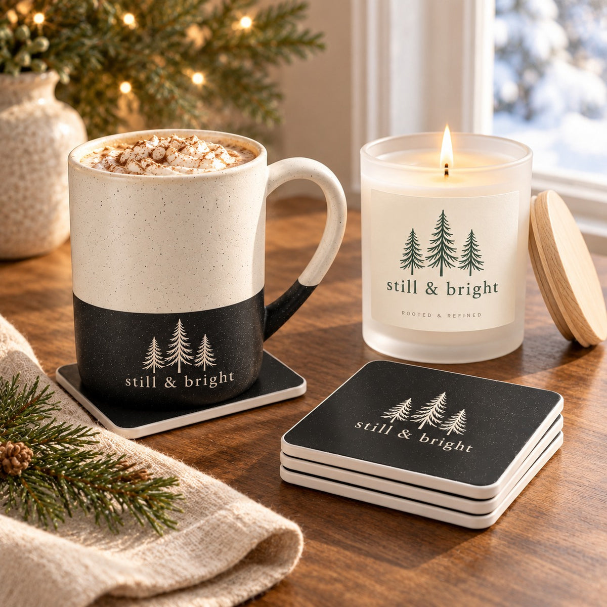 Still & Bright coffee lover gift set: evergreen engraved speckled mug with cocoa, matching coasters and a lit frosted candle