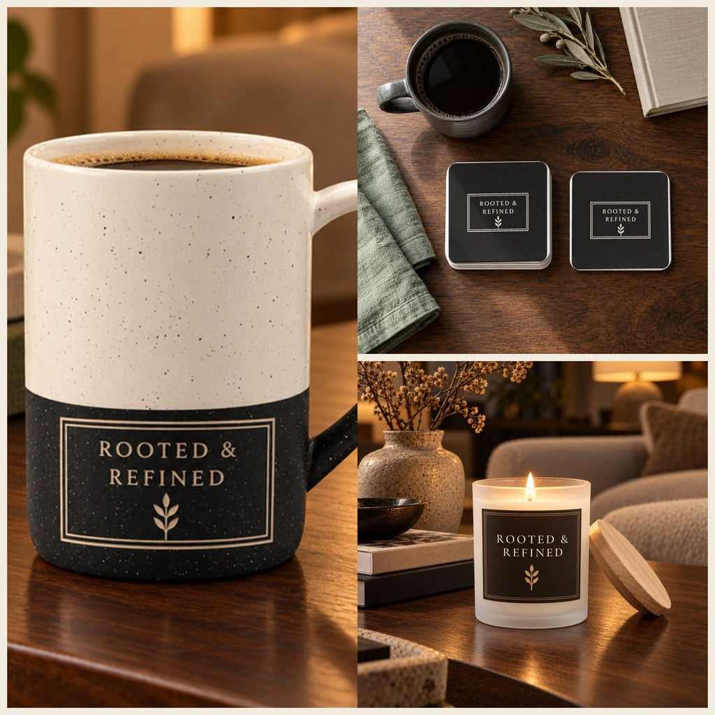 Rooted & Refined Atelier Label Coffee Lover Gift Set in Black: mug, coasters and candle