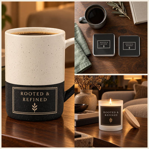 Rooted & Refined Atelier Label Coffee Lover Gift Set in Black: mug, coasters and candle