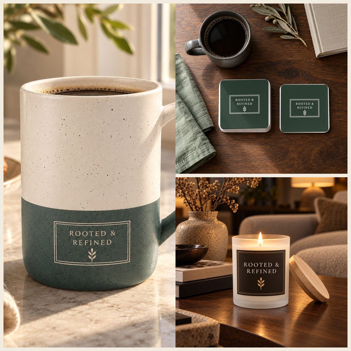 Rooted & Refined Atelier Label Coffee Lover Gift Set in Forest: mug, coasters and candle