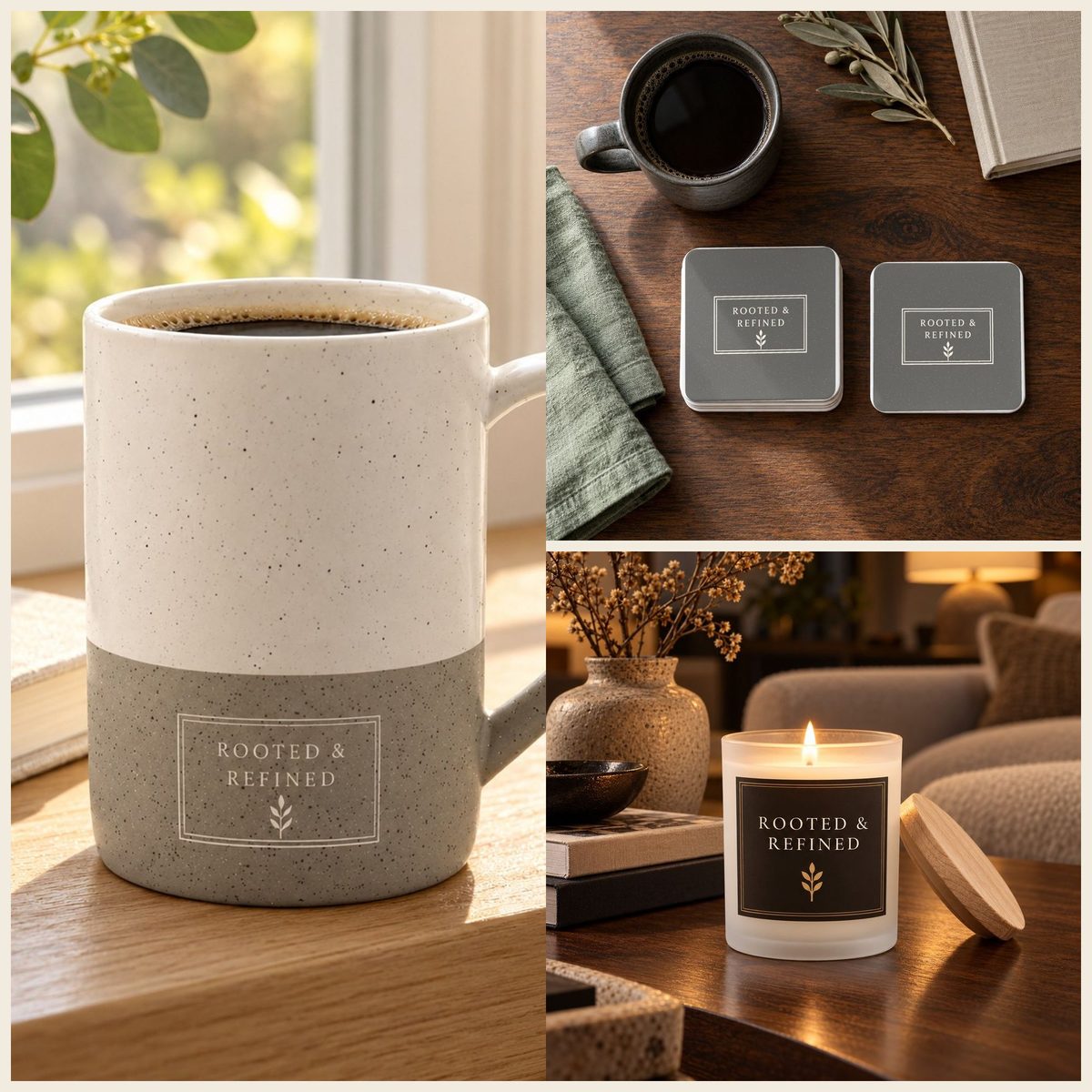Rooted & Refined Atelier Label Coffee Lover Gift Set in Grey: mug, coasters and candle