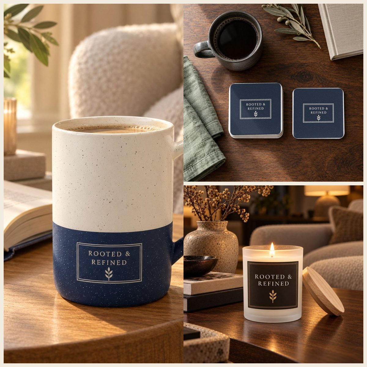 Rooted & Refined Atelier Label Coffee Lover Gift Set in Navy: mug, coasters and candle