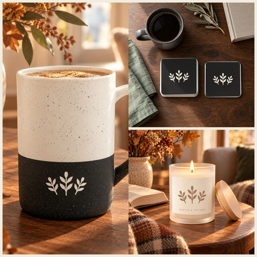 Autumn Sprig Coffee Lover Gift Set in Black: mug, coasters and candle