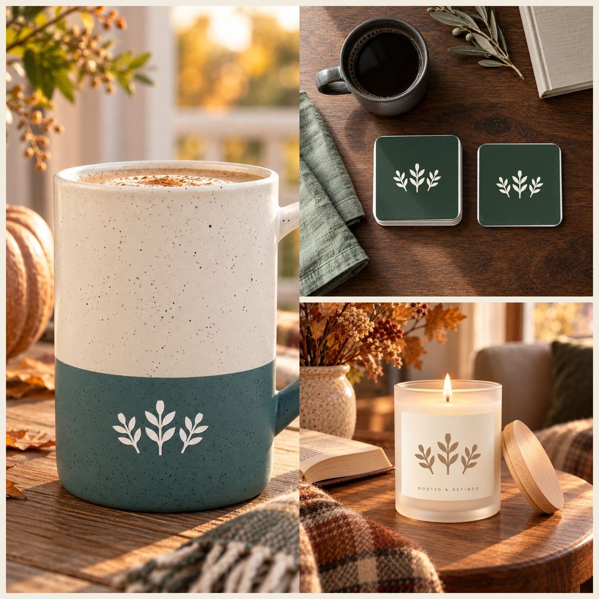 Autumn Sprig Coffee Lover Gift Set in Forest: mug, coasters and candle