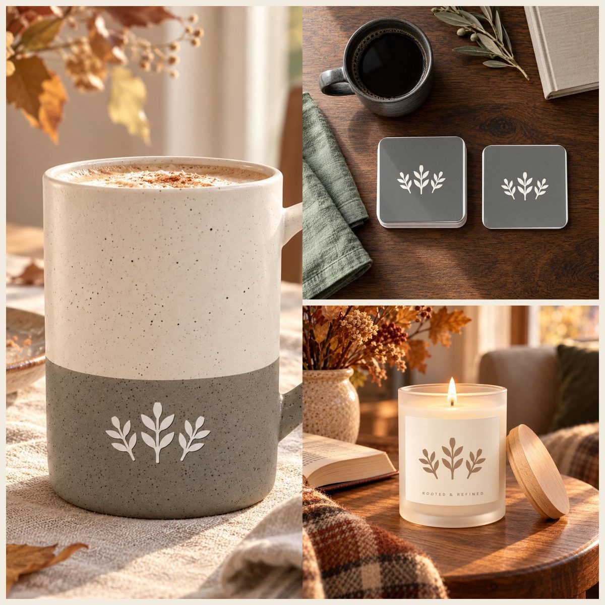 Autumn Sprig Coffee Lover Gift Set in Grey: mug, coasters and candle