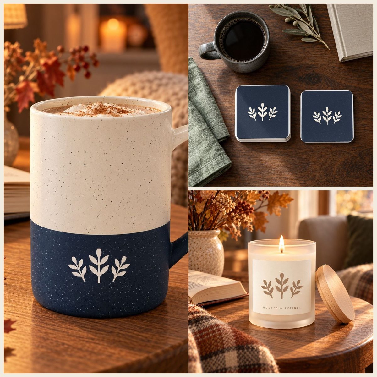 Autumn Sprig Coffee Lover Gift Set in Navy: mug, coasters and candle