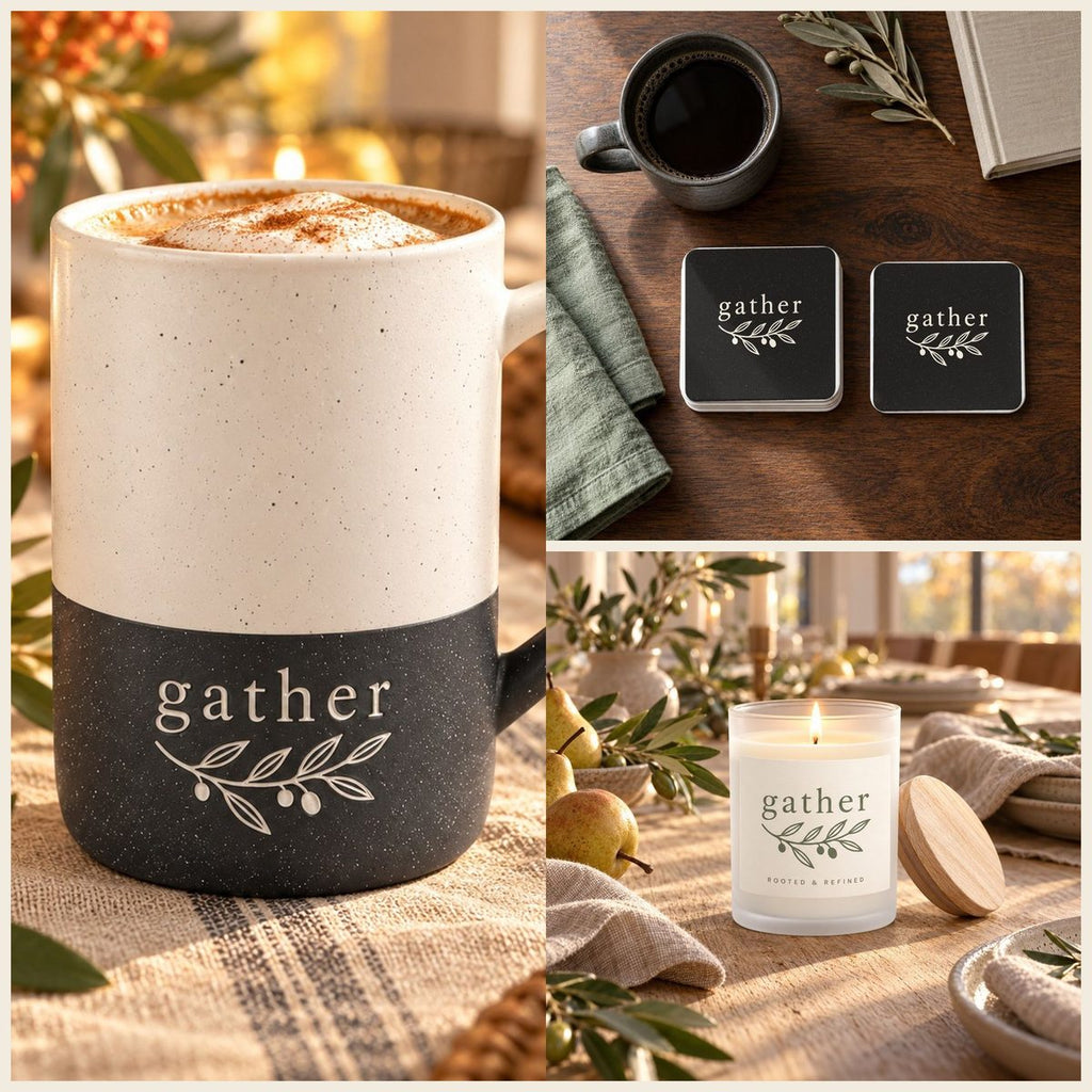 Gather Coffee Lover Gift Set in Black: mug, coasters and candle