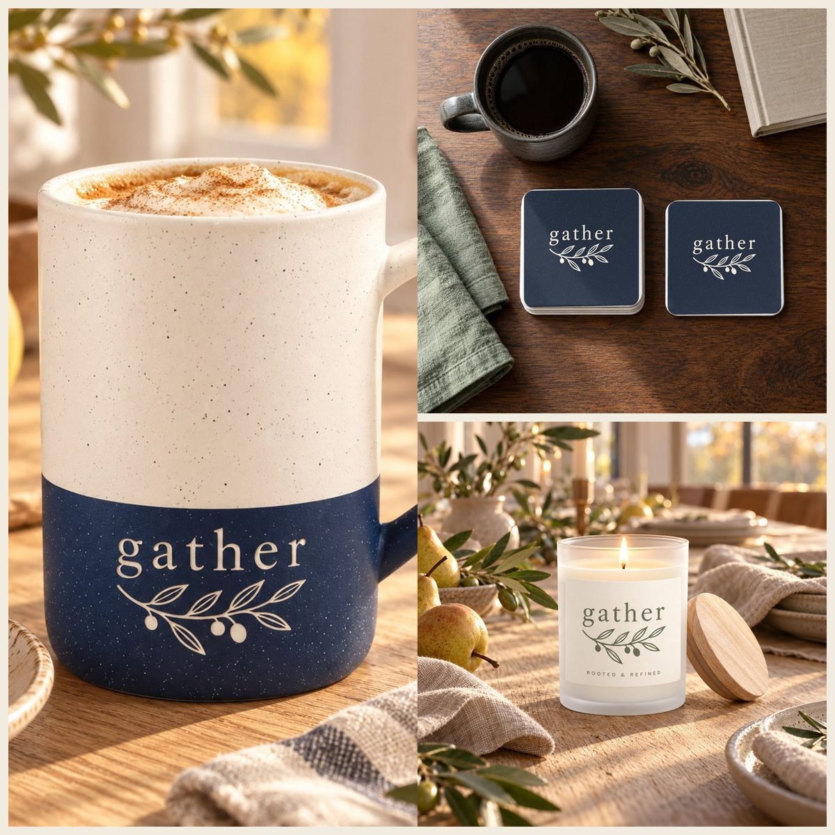 Gather Coffee Lover Gift Set in Navy: mug, coasters and candle