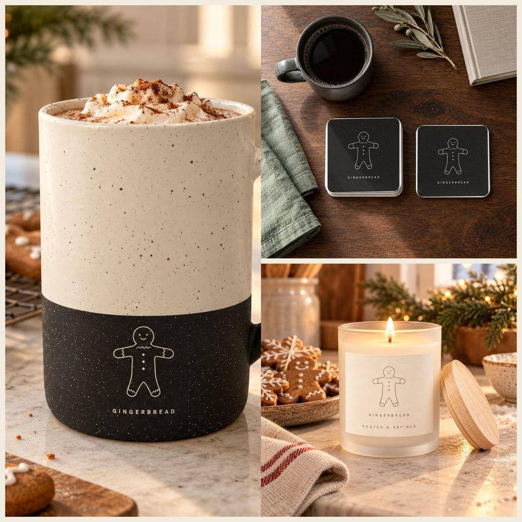 Gingerbread Coffee Lover Gift Set in Black: mug, coasters and candle