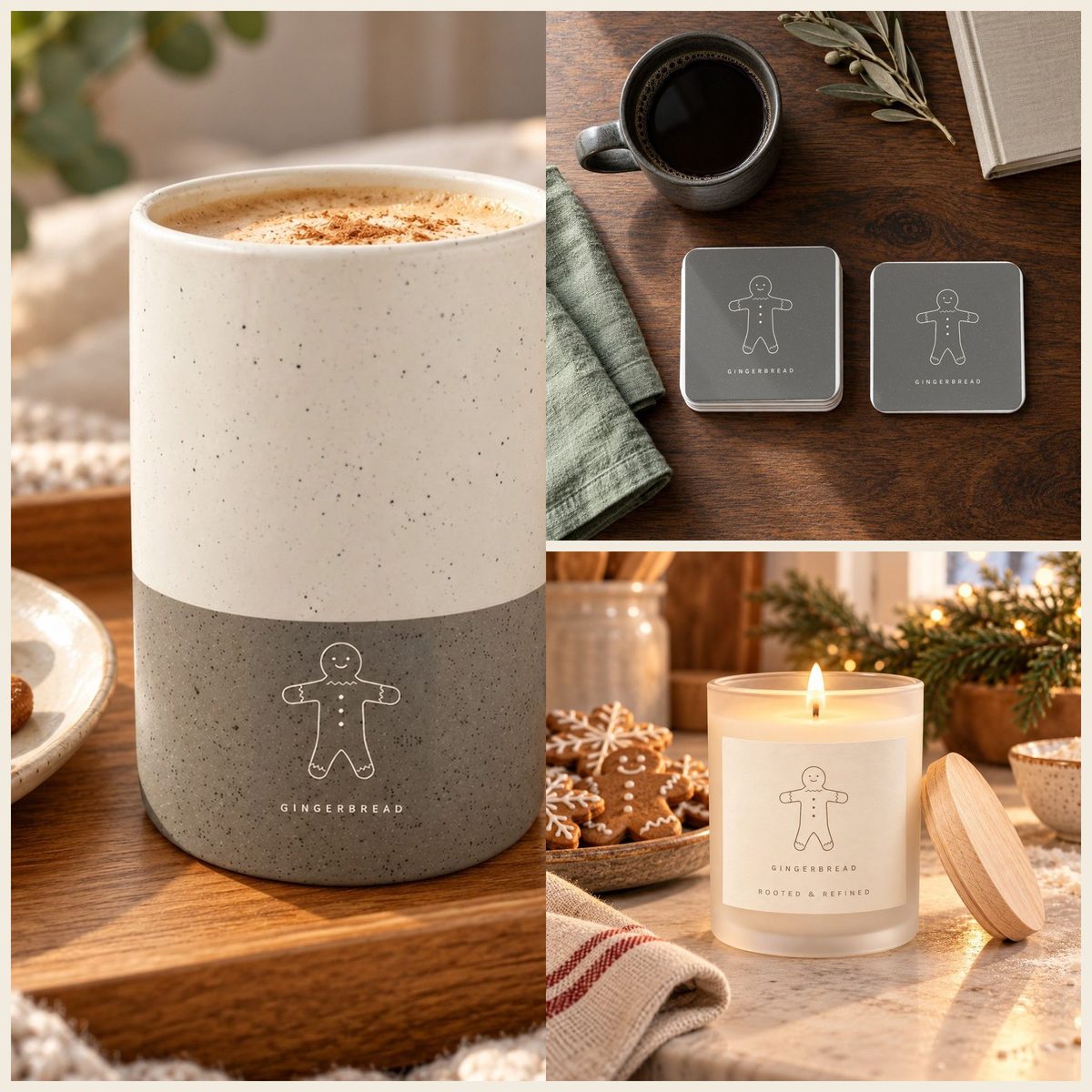 Gingerbread Coffee Lover Gift Set in Grey: mug, coasters and candle