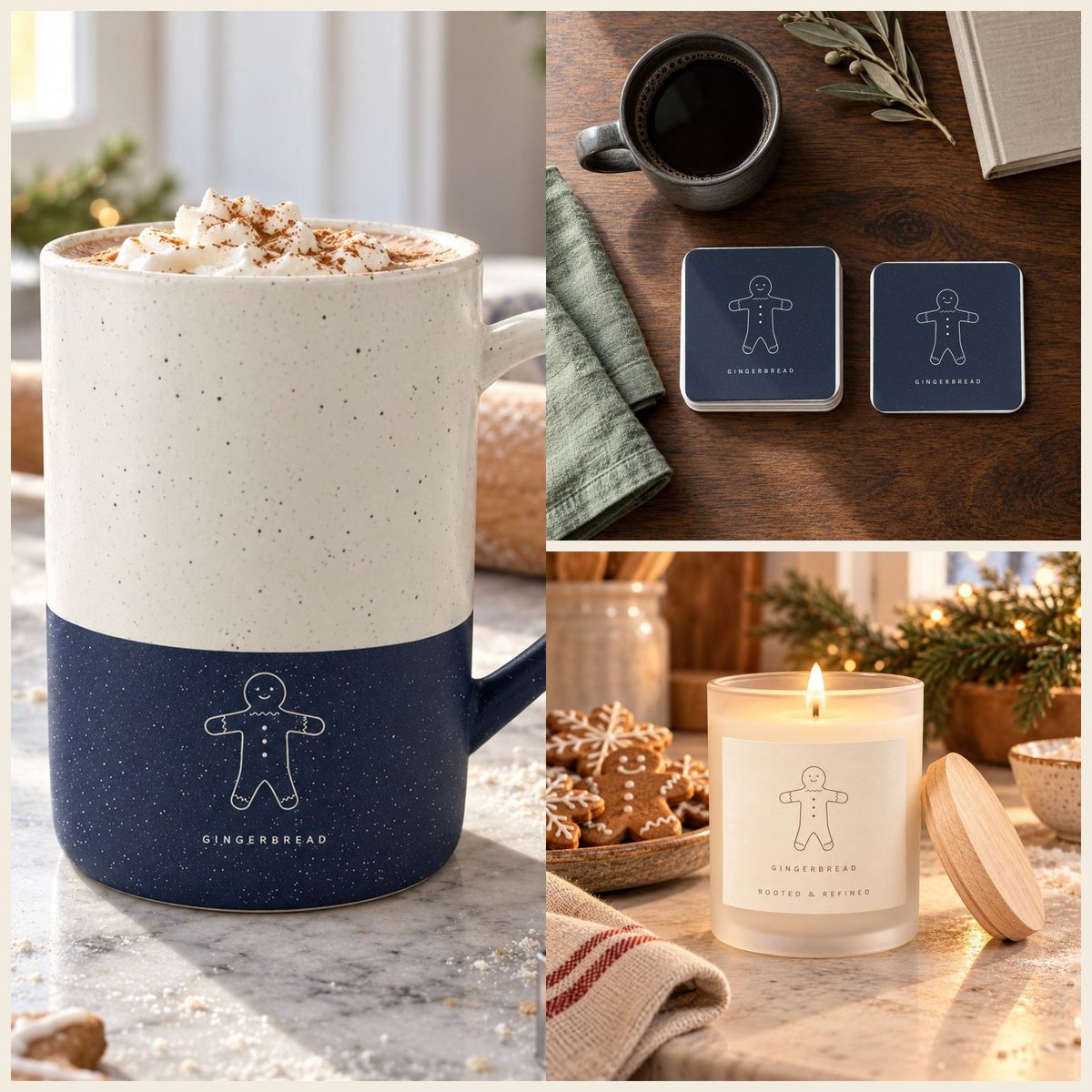 Gingerbread Coffee Lover Gift Set in Navy: mug, coasters and candle