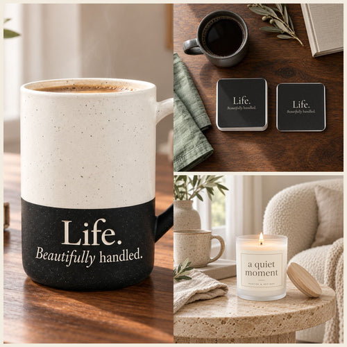 Life. Beautifully Handled. Coffee Lover Gift Set in Black: mug, coasters and candle