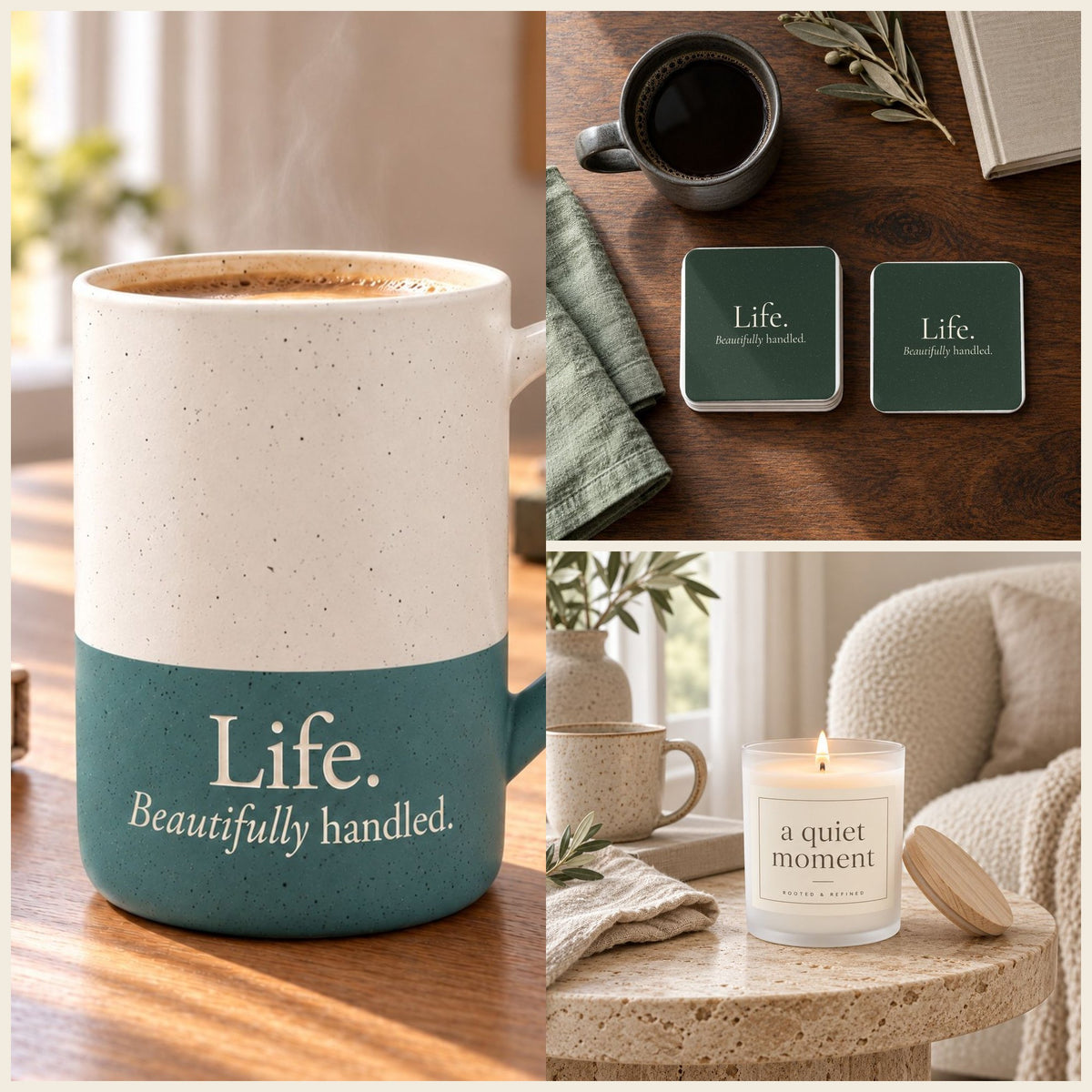 Life. Beautifully Handled. Coffee Lover Gift Set in Forest: mug, coasters and candle
