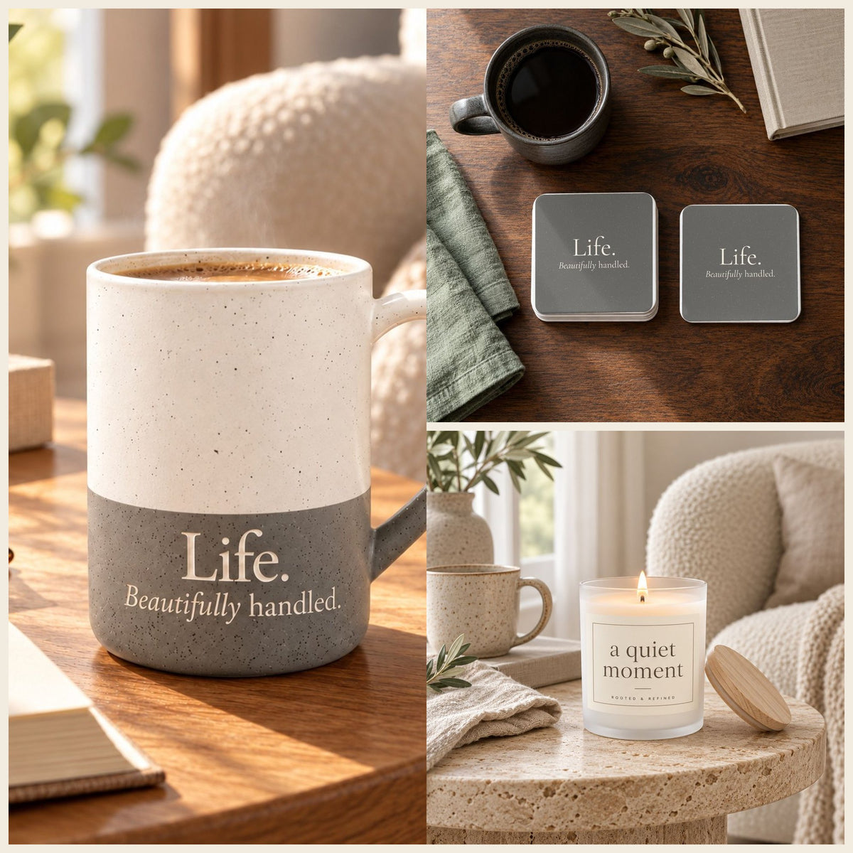 Life. Beautifully Handled. Coffee Lover Gift Set in Grey: mug, coasters and candle