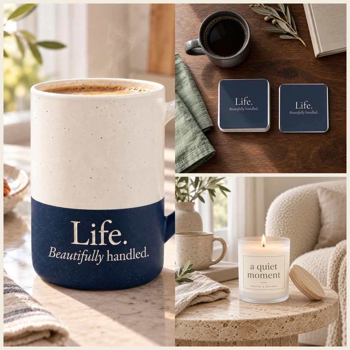Life. Beautifully Handled. Coffee Lover Gift Set in Navy: mug, coasters and candle