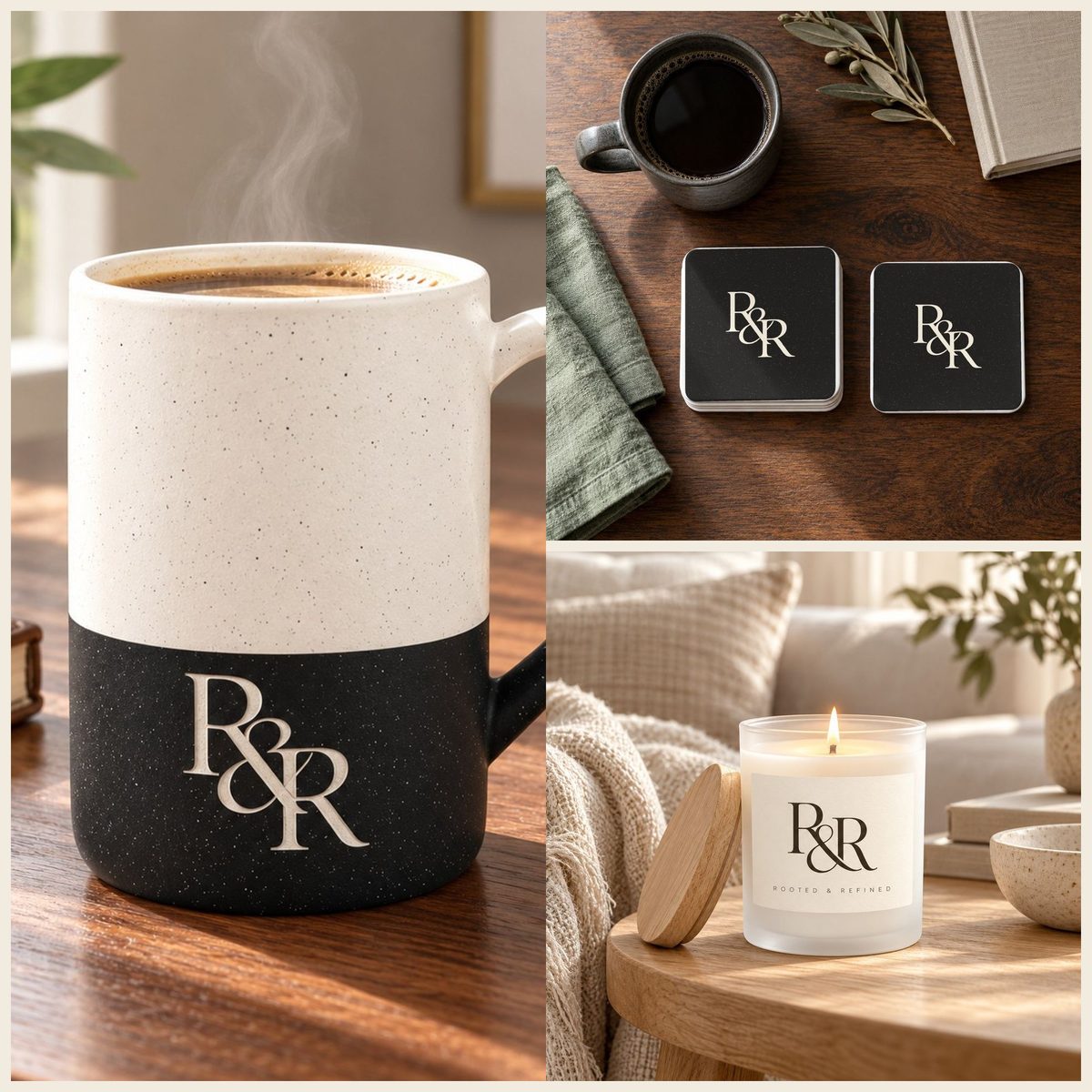 R&R Monogram Coffee Lover Gift Set in Black: mug, coasters and candle